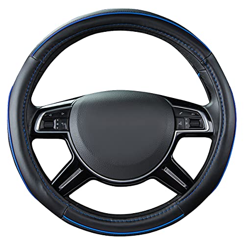 Car Pass Colour Piping Leather Universal Fit Steering Wheel Cover,Perfectly fit for 14.5-15 inches Suvs, Vans, Trucks, Sedans, Cars (Black&Blue) - color: Black and Blue