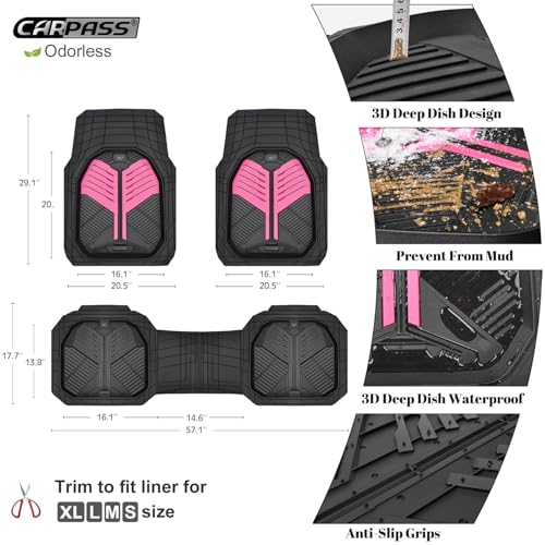 CAR PASS Heavy Duty Rubber Car Mats, Deep Dish Car Floor Mats All Weather, Car Mats Full Set 3-Piece Trim to Fit for Sedans SUVs Trucks,Women Waterproof Anti-Slip Automotive Mats, V12 Black and Pink - color: Pink and Black