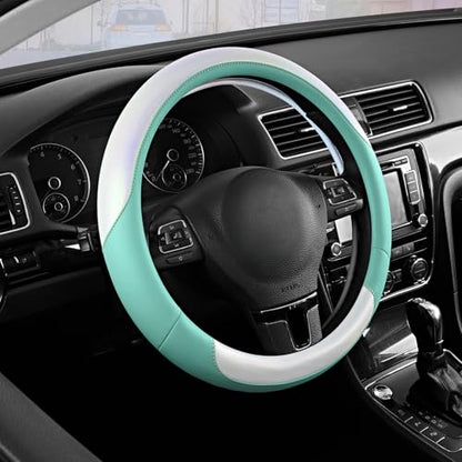 Road Comforts Steering Wheel Cover – Breathable Leather Steering Wheel Cover, Anti-Slip Grip, Universal Fit 14.5” to 15”, Heat & Cold Resistant for Cars, SUVs, and Trucks –Shining White & Mint - color: White&Mint