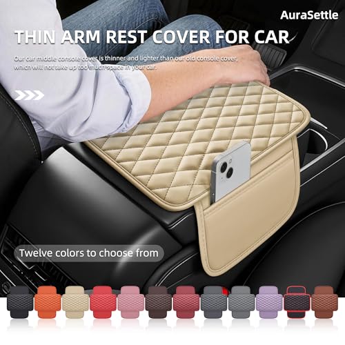 Waterproof Leather Car Center Console Pad with 2 Storage Bags, Auto Armrest Box Cover Protector, Comfortable Interior Accessories for Most Household Cars, Sedans & SUV (Cream)