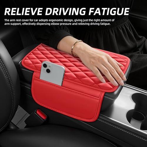 Waterproof Leather Car Center Console Pad with 2 Storage Bags, Auto Armrest Box Cover Protector, Comfortable Interior Accessories for Most Household Cars, Sedans & SUV (Allure Red)