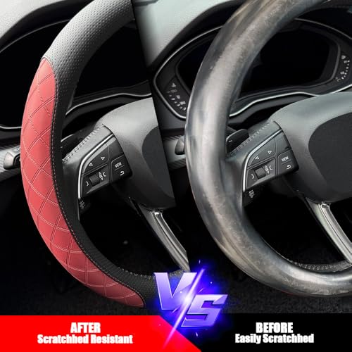 LKWLIKEI Nappa Leather Steering Wheel Cover,Elegant Diamond Checkered Design, Non-Slip wear-Resistant, Enhance Driving Comfort, Suitable for Steering Wheel Diameter 14 1/2‘-15’ Models - color: Black and burgundy