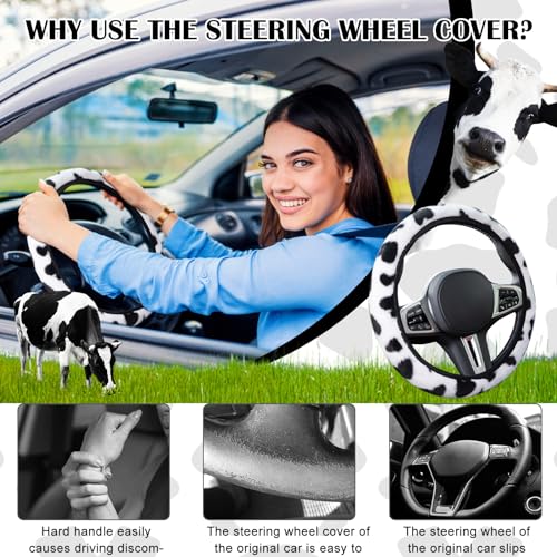 SuperKaKa 3PCS Furry Cow Print Steering Wheel Cover,Auto Plush Cute Cows Shift Gear & Hand Brake Covers Soft Warm Universal Car Interior Accessories for Women Men(Black) - color: Black