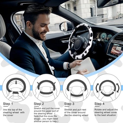 SuperKaKa 3PCS Furry Cow Print Steering Wheel Cover,Auto Plush Cute Cows Shift Gear & Hand Brake Covers Soft Warm Universal Car Interior Accessories for Women Men(Black) - color: Black