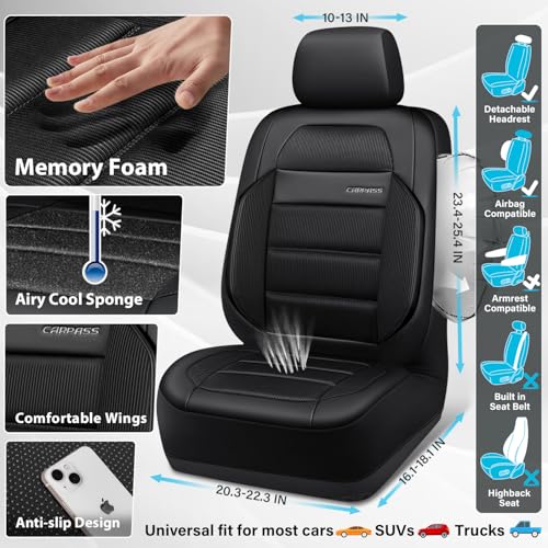 CAR PASS Memory Foam Seat Covers Full Sets, Airy Cool Mesh Thick Car Seat Covers, Leather Car Seat Covers 5 Seats Airbag Compatible, Universal Automotive Comfort for Most Cars, Trucks, SUV, Black - color: black all