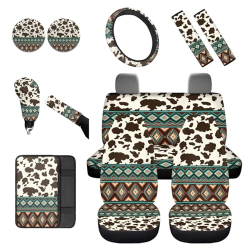 Dreaweet Aztec Cow Car Seat Covers Full Set for Women,Southwestern Car Accessories Interior,Native American Steering Wheel Cover with Center Console Cover,Seat Belt Pads,Car Coasters,Gear Shift Cover - color: Aztec Cow