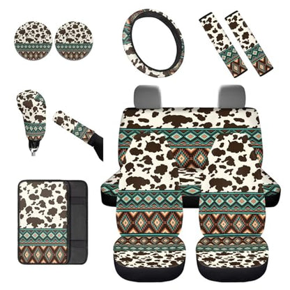 Dreaweet Aztec Cow Car Seat Covers Full Set for Women,Southwestern Car Accessories Interior,Native American Steering Wheel Cover with Center Console Cover,Seat Belt Pads,Car Coasters,Gear Shift Cover - color: Aztec Cow