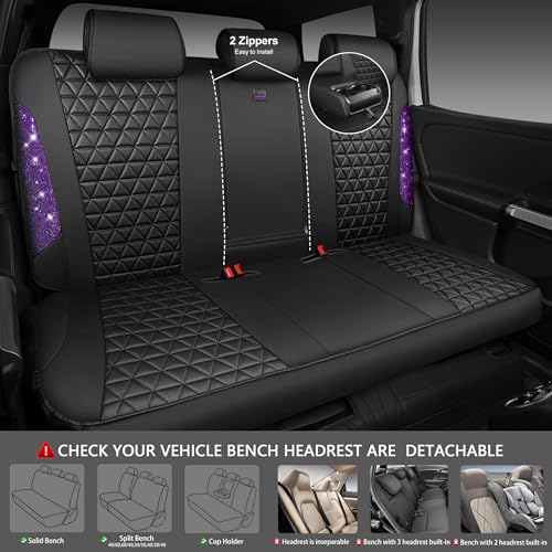 CAR PASS Bling Diamond Leather Car Seat Covers Full Seats Interior Sets, Waterproof Shining Glitter Sparkly Crystal Universal Armrest Fit Automotive Truck SUV Cute Women Girl, Black Purple Rhinestone - color: Purple Rhinestone, size: Full Set