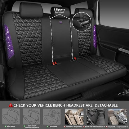 CAR PASS Bling Diamond Leather Car Seat Covers Full Seats Interior Sets, Waterproof Shining Glitter Sparkly Crystal Universal Armrest Fit Automotive Truck SUV Cute Women Girl, Black Purple Rhinestone - color: Purple Rhinestone, size: Full Set