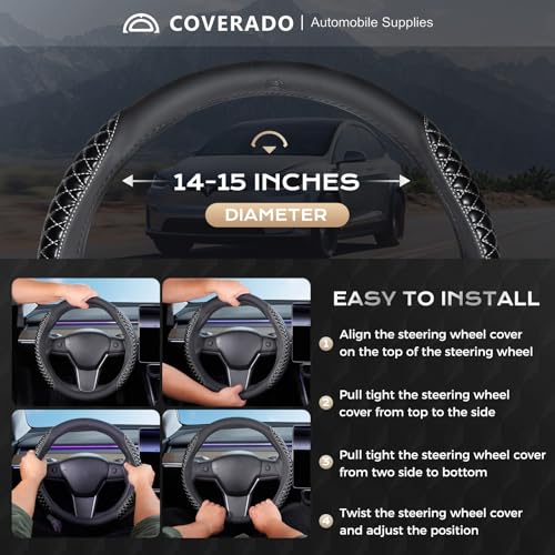 Coverado Car Steering Wheel Cover, Nappa Leather Black & Grayline Steering Wheel Covers, Universal 14-15 inch, Anti-Slip, Breathable Steering Wheel Protector for Women Men - color: C-Greyline