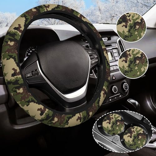 Green Camo Camouflage Steering Wheel Cover for Women Men with 2 Pcs Car Coasters, Universal 14.5-15 Inch Rainbow Steering Wheel Covers Non-Slip Car Accessories for Girls - color: Camo