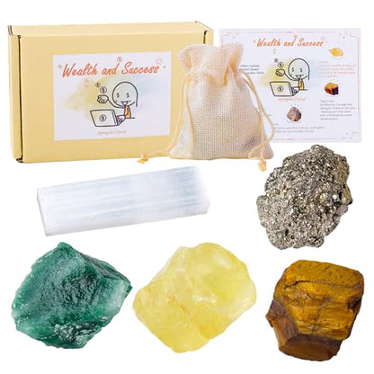 Apengshi Protection Crystals Stones Set Christmas Gifts for Wealth and Success,Crystal Set of 5 Pieces Stone,Citrine,Tiger's Eye,Pyrite,Green Aventurine and Selenite Healing Crystal Stones Pyrite - color: Wealth and Success