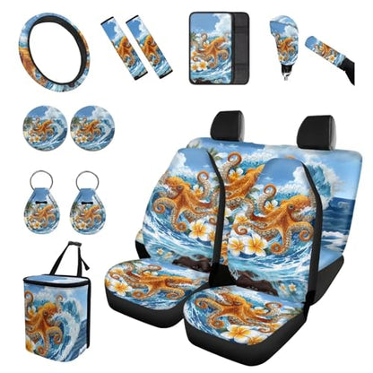 Forchrinse 15Pcs Car Seat Cover Hawaiian Octopus Front Back Seat Protector with Steering Wheel Cover+Seatbelt Pads+Coaster+Handbrake Gearshift Cover+Auto Trash Can for Most Vehicles - color: Hawaiian Octopus Printed