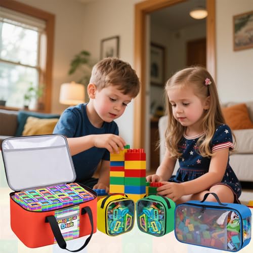 4 PCS Magnetic Tiles Storage Bag, Toy Storage Bags With Visual Top Flap, Label Pocket and Mesh Pockets Fit for LEGO, Building Blocks, Magnetic Tiles, Toy Cars - size: 4PCS(1 Large+1 Medium+2 Small）
