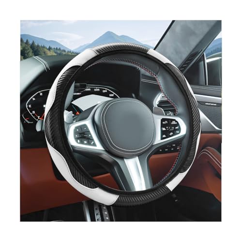 Elastic Car Steering Wheel Cover, Carbon Fiber Leather Automotive Wheel Protector, Anti-Slip Breathable Vehicle Interior Steering Accessories for Men Women, Universal Fit (Black/White) - color: Black/White