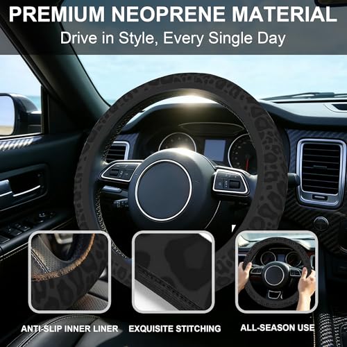 Black Leopard Steering Wheel Cover with 2 PCS Cup Coasters for Car,Black Cheetah Print 15 Inch Non-Slip Neoprene Steering Wheel Covers,Breathable Car Accessories Fit for Men Women - color: Black Leopard