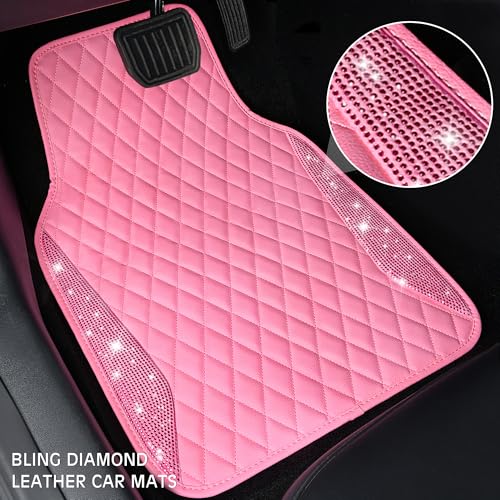 CAR PASS Bling Leather Car Mats Shining Diamond Floor Mats Crystal Rhinestones Sparkly Glitter Carpet Anti-Slip Waterproof Pad Universal Fit for Automotive SUV, Sedan, Van, 5pcs for Girl Women Pink - color: Pink Leather Diamond