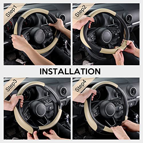 SEG Direct Car Steering Wheel Cover for Medium Standard Size Steering Wheels with 14 1/2-15 inches Outer Diameter, Black and Beige Microfiber Leather - color: 03-Beige, size: Standard size[14 1/2''-15'']