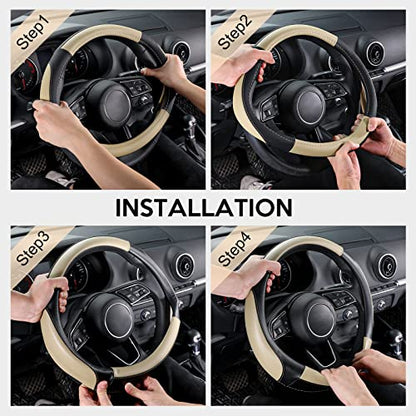 SEG Direct Car Steering Wheel Cover for Medium Standard Size Steering Wheels with 14 1/2-15 inches Outer Diameter, Black and Beige Microfiber Leather - color: 03-Beige, size: Standard size[14 1/2''-15'']