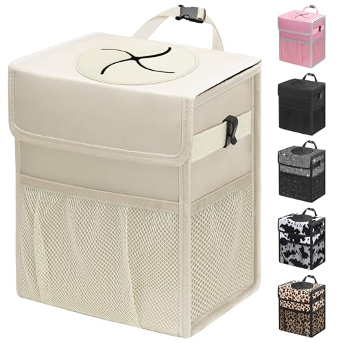 Capolo Car Trash Can with Lid, Leakproof Car Trash Bag Hanging Waterproof Automotive Garbage Can with Storage Pockets Mini Vehicle Trash Bin for Back/Front Seat(Beige,3 Gallon) - color: Beige, size: 3 Gallons