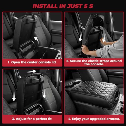 FREESOO Center Console Armrest Cover for Ford F150 2015-2020, Compatible with 2017-2022 F250 F350 F450 F550, 2018-2024 Expedition, PU Leather Cushion Thick Pad, Black (Bucket Seat Only)