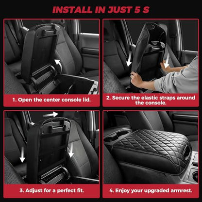 FREESOO Center Console Armrest Cover for Ford F150 2015-2020, Compatible with 2017-2022 F250 F350 F450 F550, 2018-2024 Expedition, PU Leather Cushion Thick Pad, Black (Bucket Seat Only)