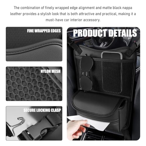 Car Organizer Storage Between Seats, Nappa Leather Front Seat Storage Bag with Tissue Holder, Automotive Console Hanging Net Pocket Handbag Holder for Phone Document (Black)