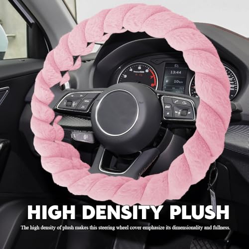 Luxury Fluffy Winter Car Steering Wheel Cover for Women, Steering Wheel Protector, 15" Fluffy Soft Breathable Warm Non-Slip Decoration, Twisted Fur Car Cover for Vehicles (Pink, D-Shape)