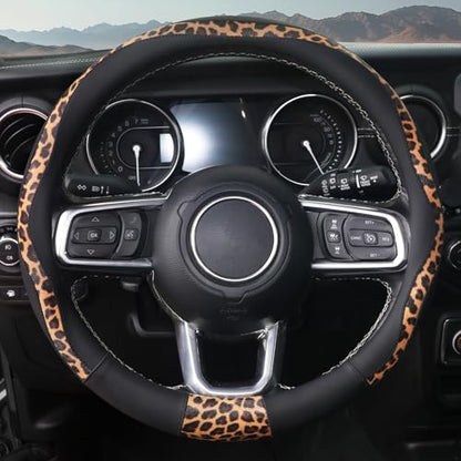 Leopard Steering Wheel Cover, Breathable Microfiber Leather Universal 14.5-15 inch for Most Automotive Steering Wheel Cheetah Print, Black