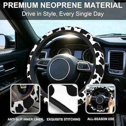 Cow Print Steering Wheel Cover with 2 PCS Cup Coasters for Car,Black and White Cow Print 15 Inch Non-Slip Neoprene Steering Wheel Covers,Breathable Car Accessories Fit for Men Women - color: Cow Print