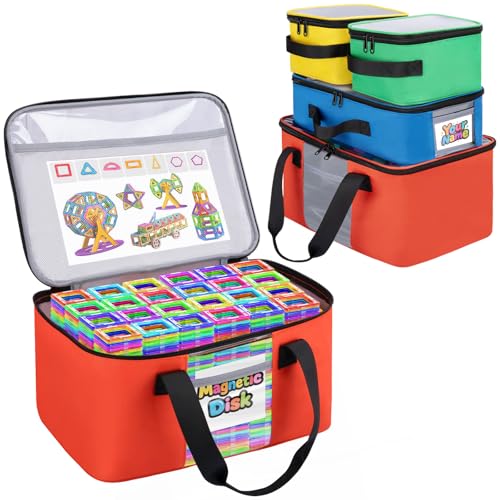4 PCS Magnetic Tiles Storage Bag, Toy Storage Bags With Visual Top Flap, Label Pocket and Mesh Pockets Fit for LEGO, Building Blocks, Magnetic Tiles, Toy Cars - size: 4PCS(1 Large+1 Medium+2 Small）