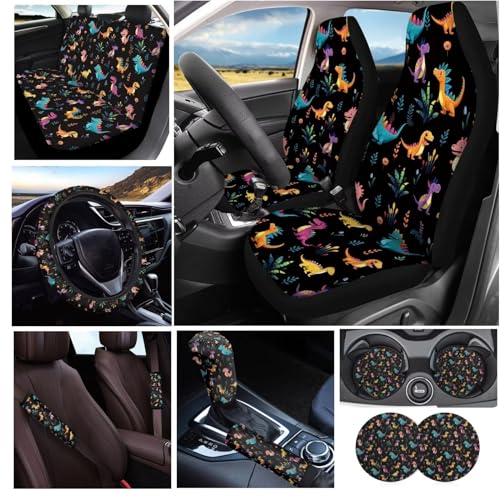 Cute Dinosaur Car Seat Covers Full Set of 11,Car Accessories for Women Men,Steering Wheel Cover+ Handbrake Cover+Seat Belt Pads+PU Car Coaster+Car Seat Towel