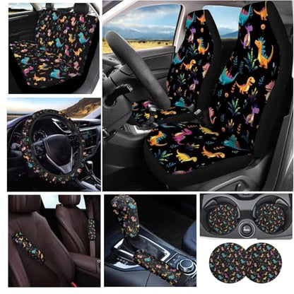 Cute Dinosaur Car Seat Covers Full Set of 11,Car Accessories for Women Men,Steering Wheel Cover+ Handbrake Cover+Seat Belt Pads+PU Car Coaster+Car Seat Towel