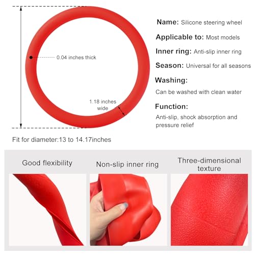 DXNQ Car Steering Wheel Cover, 13 to 14.17 inches Anti-Slip Silicone Steering Wheel Protector, Soft Flexible Shock-Absorbent Steering Wheel Protective Cover for Most Car Models (Red) - color: Red