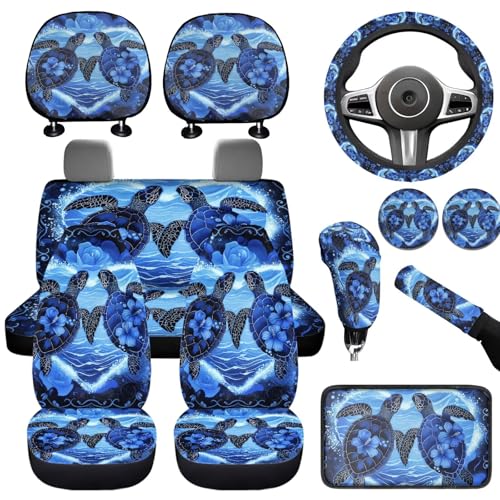 Blue Sea Turtle Car Seat Cover Set for Front and Rear with Steering Wheel Cover 12 Piece Headrest Covers Cup Coasters Armrest Pad Car Accessories Set for Cars Seat Covers - color: Blue Sea Turtle
