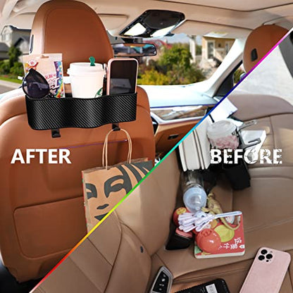 Backseat Car Organizer with Cup Holder - Multifunctional Back Seat Car Organizer with Two Seat Hooks, Fits Most Cars, Can Hold Snacks, Canned Drinks & Phones, Perfect for Travel - color: #1 Carbon Fiber