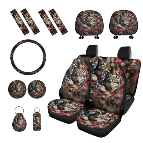 Wolf Leaf American Flag Print 15 Pcs Full Set Car Accessories, Car Seat Cover with Steering Wheel Cover Car Headrest Cover Seat Belt Covers Car Coaster - color: Wolf Leaf American Flag Print