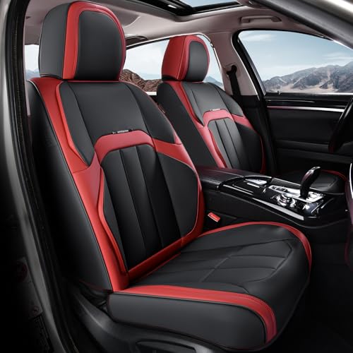 Coverado Nappa Leather Car Seat Covers Front Set, Luxury Waterproof Seat Protectors, Airbag Compatible Anti‑Slip Auto Seat Covers, Universal Fit for Most Cars SUVs Trucks Pickup Vehicles - color: Black-Red, size: Front Pair