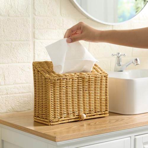 Wicker Hand Towel Box Cover Compatible with Disposable Paper Hand Towels, Wicker Paper Towel Holders, Hand Towel Holder for Bathroom, Car, Tabletop, by YANGQIHOME