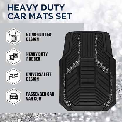 PIC AUTO Car Floor Mats, Black Sparkly Crystal Bling Glitter Car Mats Set, Front and Rear Heavy Duty Rubber Car Mats with Anti-Slip Backing, All Weather, Trim-to-Fit for Automotive SUVs, Sedan, Vans - color: Black Glitter