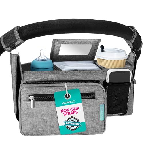 Swanoo Stroller Caddy Stroller Organizer With Cup Holder, Non Slip Straps Stroller Bag for Phone, Pet Stroller Accessories, Universal Fits Uppababby Vista v2 Wonderfold Wagon, Doona and More - color: Grey