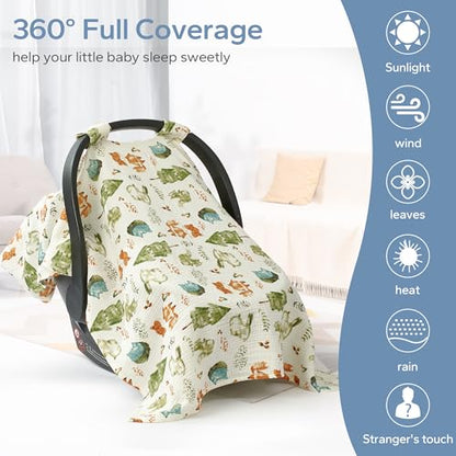 SERAPHY 100% Muslin Cotton Car Seat Cover Baby, 2 Pack Universal Carseat Covers Baby Boy Girl, Breathable Car Seat Canopy, Soft Infant Car Seat Cover for Summer and Winter—2 Pcs Green&Forest - color: Green&Forest
