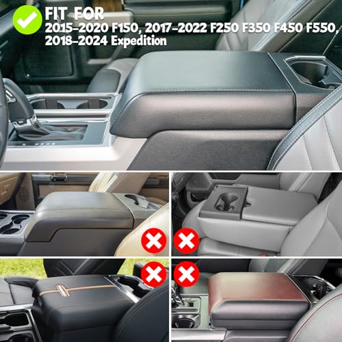 Center Console Cover Compatible with Ford F150 2015-2020, F250 F350 F450 F550 2017-2022, Expedition 2018-2024, Leather Armrest Cover Lid Protector, Anti-Scratch, Black (Bucket Seat Only)