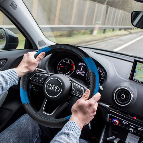 Leather Car Steering Wheel Cover, Non-Slip Car Wheel Cover Protector Breathable Microfiber Leather Universal Fit for Most Cars (Blue-2) - color: Blue-2