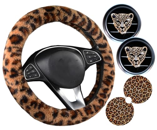 Pinbola 5 Pcs Fluffy Frog Cartoon Steering Wheel Cover Car Accessories Set Universal 14.5-15 Inch Warm Soft Plush Cup Coasters Car Decoration for Women (Leapord) - color: Leapord