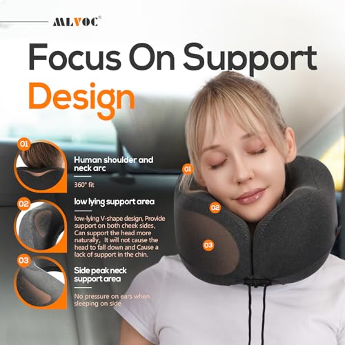 MLVOC Neck Pillow for Traveling, Upgraded 100% Pure Memory Foam Travel Neck Pillow for Airplane Flight Sleep, Breathable & Machine Washable Cover, Travel Kit with 3D Eye Mask, Earplugs & Bag, Black - color: Black