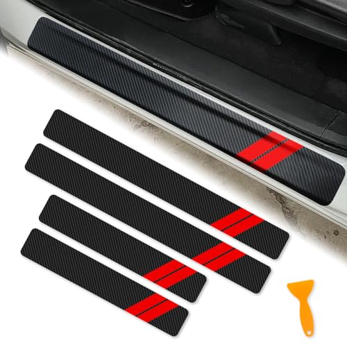Door Sill Protector for Dodge Charger Challenger Durango Accessories Car Door Entry Guard Sill Protector with Plastic Scraper Carbon Fiber Leather Threshold Stickers（Red, 4PCS） - color: Red, size: 4PCS