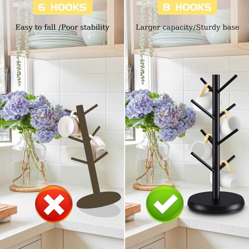 Bamboo Mug Holder Tree - Upgraded 360° Rotating 8 Hooks Coffee Cup Rack, Sturdy No-Tool Assembly Counter Organizer for Mugs, Jewelry & Accessories, Eco-Friendly Wood Stand(Black) - color: Black