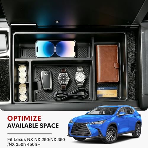 Autorder Center Console Organizer for 2022 2023 2024 2025 2026 Lexus NX NX 250/NX 350/NX 350h 450h+ Accessories Armrest Storage Box Secondary Insert Tray with Anti-Slip Mat - size: 2022-2026 Lexus NX 250/350/350h/450h+