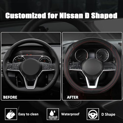 Customized Auto Car Steering Wheel Cover for Nissan,D Shaped Steering Wheel Cover for Rogue,Altima,Kicks (D-Shaped-Black+Red Line)